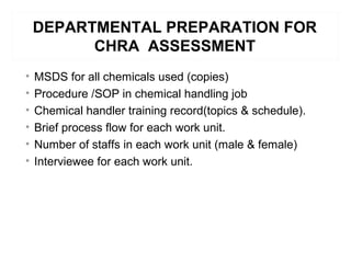 DEPARTMENTAL PREPARATION FOR
CHRA ASSESSMENT
• MSDS for all chemicals used (copies)
• Procedure /SOP in chemical handling job
• Chemical handler training record(topics & schedule).
• Brief process flow for each work unit.
• Number of staffs in each work unit (male & female)
• Interviewee for each work unit.
 