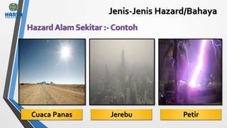 Jenis-Jenis Hazard/Bahaya
Cuaca Panas Jerebu Petir
 