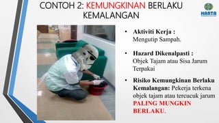 CONTOH 2: KEMUNGKINAN BERLAKU
KEMALANGAN
• Risiko Kemungkinan Berlaku
Kemalangan: Pekerja terkena
objek tajam atau tercucuk jarum
PALING MUNGKIN
BERLAKU.
• Aktiviti Kerja :
Mengutip Sampah.
• Hazard Dikenalpasti :
Objek Tajam atau Sisa Jarum
Terpakai
 