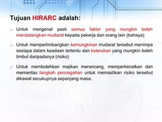 Tujuan HIRARC adalah:
 Untuk mengenal pasti semua faktor yang mungkin boleh
mendatangkan mudarat kepada pekerja dan orang lain (bahaya)
 Untuk mempertimbangkan kemungkinan mudarat tersebut menimpa
sesiapa dalam keadaan tertentu dan keterukan yang mungkin boleh
timbul daripadanya (risiko)
 Untuk membolehkan majikan merancang, memperkenalkan dan
memantau langkah pencegahan untuk memastikan risiko tersebut
dikawal secukupnya sepanjang masa.
 