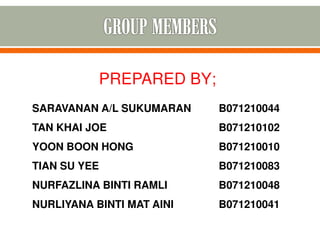 PREPARED BY;
SARAVANAN A/L SUKUMARAN B071210044
TAN KHAI JOE B071210102
YOON BOON HONG B071210010
TIAN SU YEE B071210083
NURFAZLINA BINTI RAMLI B071210048
NURLIYANA BINTI MAT AINI B071210041
 