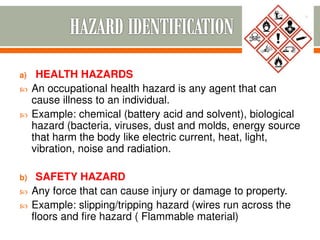 a) HEALTH HAZARDS
 An occupational health hazard is any agent that can
cause illness to an individual.
 Example: chemical (battery acid and solvent), biological
hazard (bacteria, viruses, dust and molds, energy source
that harm the body like electric current, heat, light,
vibration, noise and radiation.
b) SAFETY HAZARD
 Any force that can cause injury or damage to property.
 Example: slipping/tripping hazard (wires run across the
floors and fire hazard ( Flammable material)
 