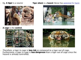 • Eg. A tiger is a source Tiger attack is a hazard. Becoz has potential for harm
• A cage is the control.
• Therefore, a tiger in cage is less risk as compared to a tiger out of cage.
Furthermore, a tiger in cage is less dangerous than a tiger out of cage since the
hazard is already controlled.
 