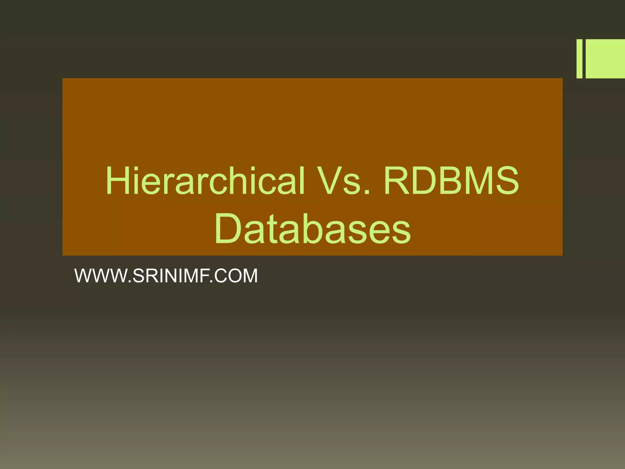 Hierarchical Vs. RDBMS
Databases
WWW.SRINIMF.COM
 