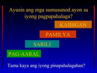 KAIBIGAN
PAG-AARAL
SARILI
PAMILYA
Ayusin ang mga sumusunod ayon saAyusin ang mga sumusunod ayon sa
iyong pagpapahalaga?iyong pagpapahalaga?
Tama kaya ang iyong pinapahalagahan?
 