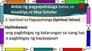 Antas ng pagpapahalaga batay sa
hirarkiya ni Max Scheler
3. Ispiritwal na Pagpapahalaga (Spiritual Values)
Halimbawa:
-ang pagbibigay ng katarungan sa isang tao
o pagbibigay ng kapayapaan
 