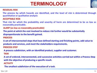 TERMINOLOGY
RESIDUAL RISK
The process by which hazards are identified, and the level of risk is determined through
quantitative or qualitative analysis
ACCEPTABLE RISK
That risk for which the probability and severity of harm are determined to be as low as
reasonably practicable.
ALARP (as low as reasonably practicable)
The point at which the cost involved to reduce risk further would be substantially
disproportionate to the benefit gained.
PROCESS
A set of interconnected steps that have defined starting and finishing points, add value to
products and services, and meet the stakeholders requirements.
PROCESS STEP
A process subdivision, with an identified product, supplier and customer.
TASK
A set of ordered, interconnected, and successive activities carried out within a Process Step
with the objective of producing a specific result.
ACTIVITY
The smallest subdivision of the execution of a task.
13
Ver 1.8 13
 