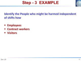 Step - 3 EXAMPLE
Ver 1.8
17
17
Identify the People who might be harmed independent
of shifts how
 Employees
 Contract workers
 Visitors
 