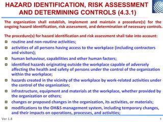 HAZARD IDENTIFICATION, RISK ASSESSMENT
AND DETERMINING CONTROLS (4.3.1)
The organization shall establish, implement and maintain a procedure(s) for the
ongoing hazard identification, risk assessment, and determination of necessary controls.
The procedure(s) for hazard identification and risk assessment shall take into account:
routine and non-routine activities;
activities of all persons having access to the workplace (including contractors
and visitors);
human behaviour, capabilities and other human factors;
identified hazards originating outside the workplace capable of adversely
affecting the health and safety of persons under the control of the organization
within the workplace;
hazards created in the vicinity of the workplace by work-related activities under
the control of the organization;
infrastructure, equipment and materials at the workplace, whether provided by
the organization or others;
changes or proposed changes in the organization, its activities, or materials;
modifications to the OH&S management system, including temporary changes,
and their impacts on operations, processes, and activities;
5
Ver 1.8 5
 