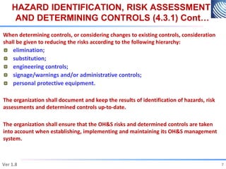 HAZARD IDENTIFICATION, RISK ASSESSMENT
AND DETERMINING CONTROLS (4.3.1) Cont…
When determining controls, or considering changes to existing controls, consideration
shall be given to reducing the risks according to the following hierarchy:
elimination;
substitution;
engineering controls;
signage/warnings and/or administrative controls;
personal protective equipment.
The organization shall document and keep the results of identification of hazards, risk
assessments and determined controls up-to-date.
The organization shall ensure that the OH&S risks and determined controls are taken
into account when establishing, implementing and maintaining its OH&S management
system.
7
Ver 1.8 7
 