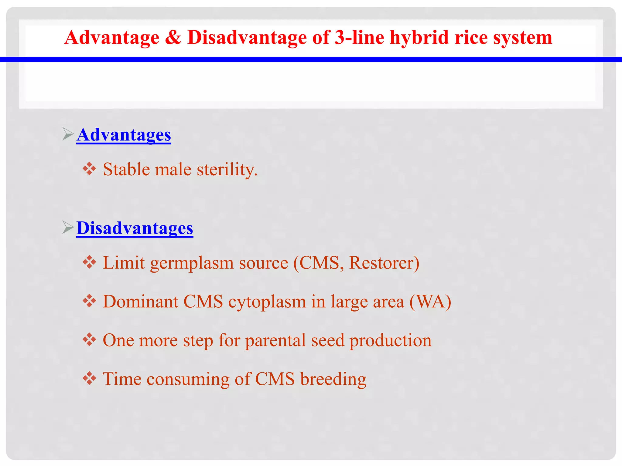 Advantage & Disadvantage of 3-line hybrid rice system
Advantages
 Stable male sterility.
Disadvantages
 Limit germplasm source (CMS, Restorer)
 Dominant CMS cytoplasm in large area (WA)
 One more step for parental seed production
 Time consuming of CMS breeding
 