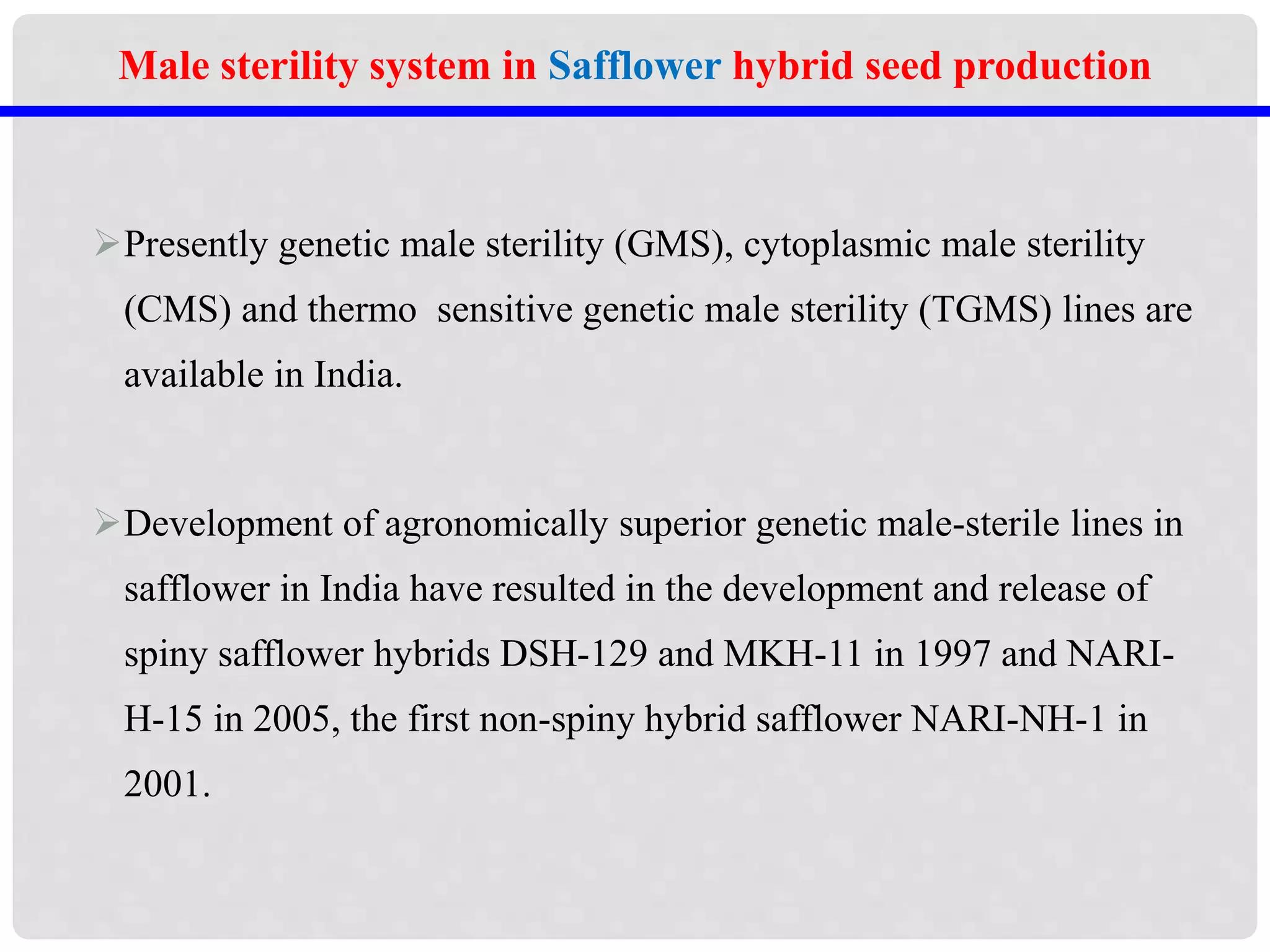 Presently genetic male sterility (GMS), cytoplasmic male sterility
(CMS) and thermo sensitive genetic male sterility (TGMS) lines are
available in India.
Development of agronomically superior genetic male-sterile lines in
safflower in India have resulted in the development and release of
spiny safflower hybrids DSH-129 and MKH-11 in 1997 and NARI-
H-15 in 2005, the first non-spiny hybrid safflower NARI-NH-1 in
2001.
Male sterility system in Safflower hybrid seed production
 