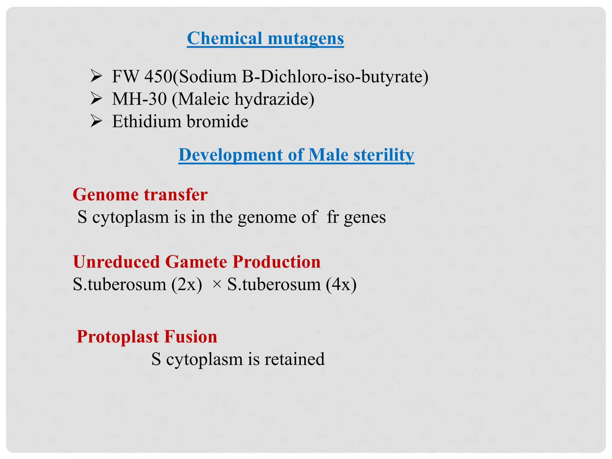  FW 450(Sodium B-Dichloro-iso-butyrate)
 MH-30 (Maleic hydrazide)
 Ethidium bromide
Chemical mutagens
Development of Male sterility
Genome transfer
S cytoplasm is in the genome of fr genes
Unreduced Gamete Production
S.tuberosum (2x) × S.tuberosum (4x)
Protoplast Fusion
S cytoplasm is retained
 