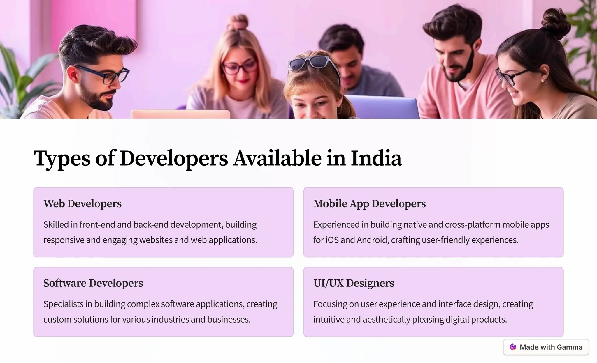 Types of Developers Available in India
Web Developers
Skilled in front-end and back-end development, building
responsive and engaging websites and web applications.
Mobile App Developers
Experienced in building native and cross-platform mobile apps
for iOS and Android, crafting user-friendly experiences.
Software Developers
Specialists in building complex software applications, creating
custom solutions for various industries and businesses.
UI/UX Designers
Focusing on user experience and interface design, creating
intuitive and aesthetically pleasing digital products.
 