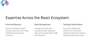 Expertise Across the React Ecosystem
Front-end Mastery
Our React developers excel at
building responsive, user-friendly
interfaces that engage your
customers.
State Management
Leverage their expertise in
managing complex application
state using tools like Redux, MobX,
and Context API.
Testing & Optimization
Ensure the reliability and
performance of your React
applications with their advanced
testing and optimization skills.
 