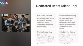 Dedicated React Talent Pool
Vast Talent Network
Our extensive talent pool of
top-tier React developers
allows us to quickly
assemble the perfect team
for your project.
Continuous Upskilling
We invest heavily in the
ongoing training and
development of our React
experts, ensuring they stay
at the forefront of the
industry.
Flexible Resourcing
Scale your React
development capabilities up
or down as needed, with our
on-demand talent pool at
your disposal.
Collaborative Culture
Our React developers thrive
in a collaborative
environment, working
closely with your team to
achieve your goals.
 