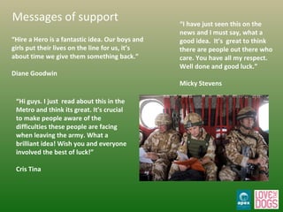 “ Hire a Hero is a fantastic idea. Our boys and girls put their lives on the line for us, it’s about time we give them something back.” Diane Goodwin “ I have just seen this on the news and I must say, what a good idea.  It’s  great to think there are people out there who care. You have all my respect. Well done and good luck.” Micky Stevens “ Hi guys. I just  read about this in the Metro and think its great. It's crucial to make people aware of the difficulties these people are facing when leaving the army. What a brilliant idea! Wish you and everyone involved the best of luck!” Cris Tina Messages of support 