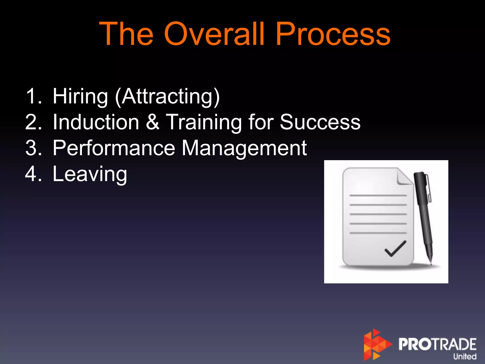 The Overall Process
1. Hiring (Attracting)
2. Induction & Training for Success
3. Performance Management
4. Leaving
 