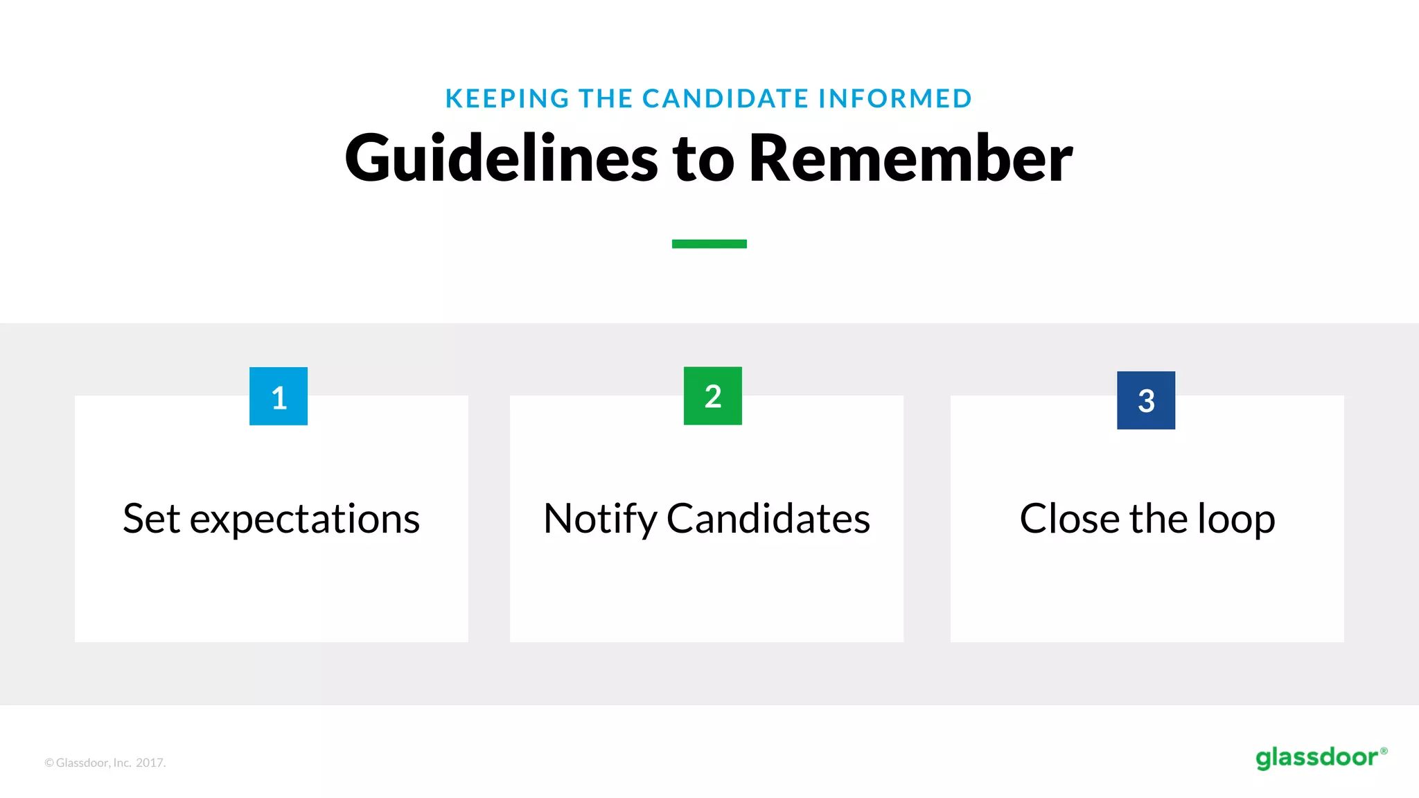 © Glassdoor, Inc. 2017.
KEEPING THE CANDIDATE INFORMED
Guidelines to Remember
Set expectations Notify Candidates Close the loop
2 31
 