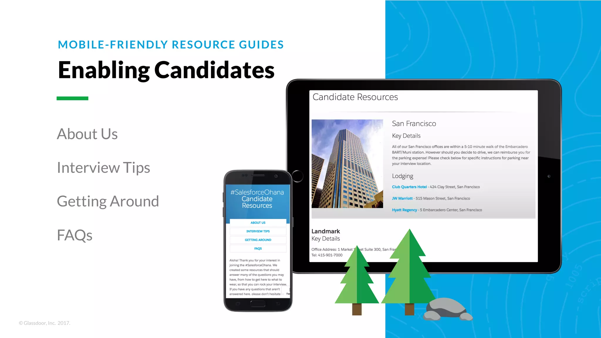 © Glassdoor, Inc. 2017.
MOBILE-FRIENDLY RESOURCE GUIDES
About Us
Interview Tips
Getting Around
FAQs
Enabling Candidates
 