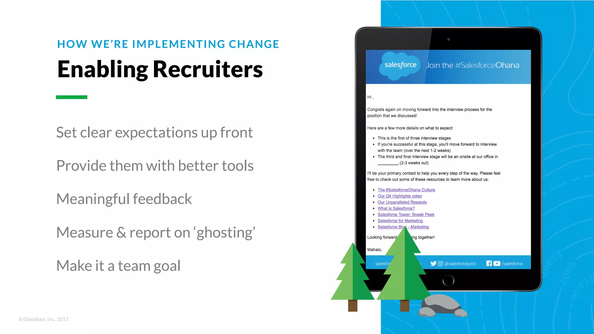 © Glassdoor, Inc. 2017.
HOW WE’RE IMPLEMENTING CHANGE
Set clear expectations up front
Provide them with better tools
Meaningful feedback
Measure & report on ‘ghosting’
Make it a team goal
Enabling Recruiters
 