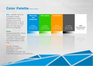 Color Palette Main colors
Blue: Indicates Authority,
                                 Main logo       Visa agents      Candidates
Confidence, Dignity,
                                    and
Establishment, Power,
                                 companies
Success, Security and
Trustworthiness. It can be
seen extensively in official
logos and main pages of            #0094dc          #32c800          #ff9900        #575756           #ffffff
distinctive companies.           R0 G148 B220     R50 G200 B0     R255 G153 B0    R87 G87 B86    R255 G255 B255
                                 C77 M29 Y0 K0   C70 M0 Y100 K0   C0 M48 Y93 K0   C0 M0 Y0 K80     C0 M0 Y0 K0

Green:
Indicates Experience, Money,
Nature, Renewal and
Tranquility, and it's a widely
used color in national flags
and representations in gulf
area.

Orange: Indicates
Affordability, Creativity,
Enthusiasm, and
Youthfulness. A perfect color
to describe competence and skillfulness.
 