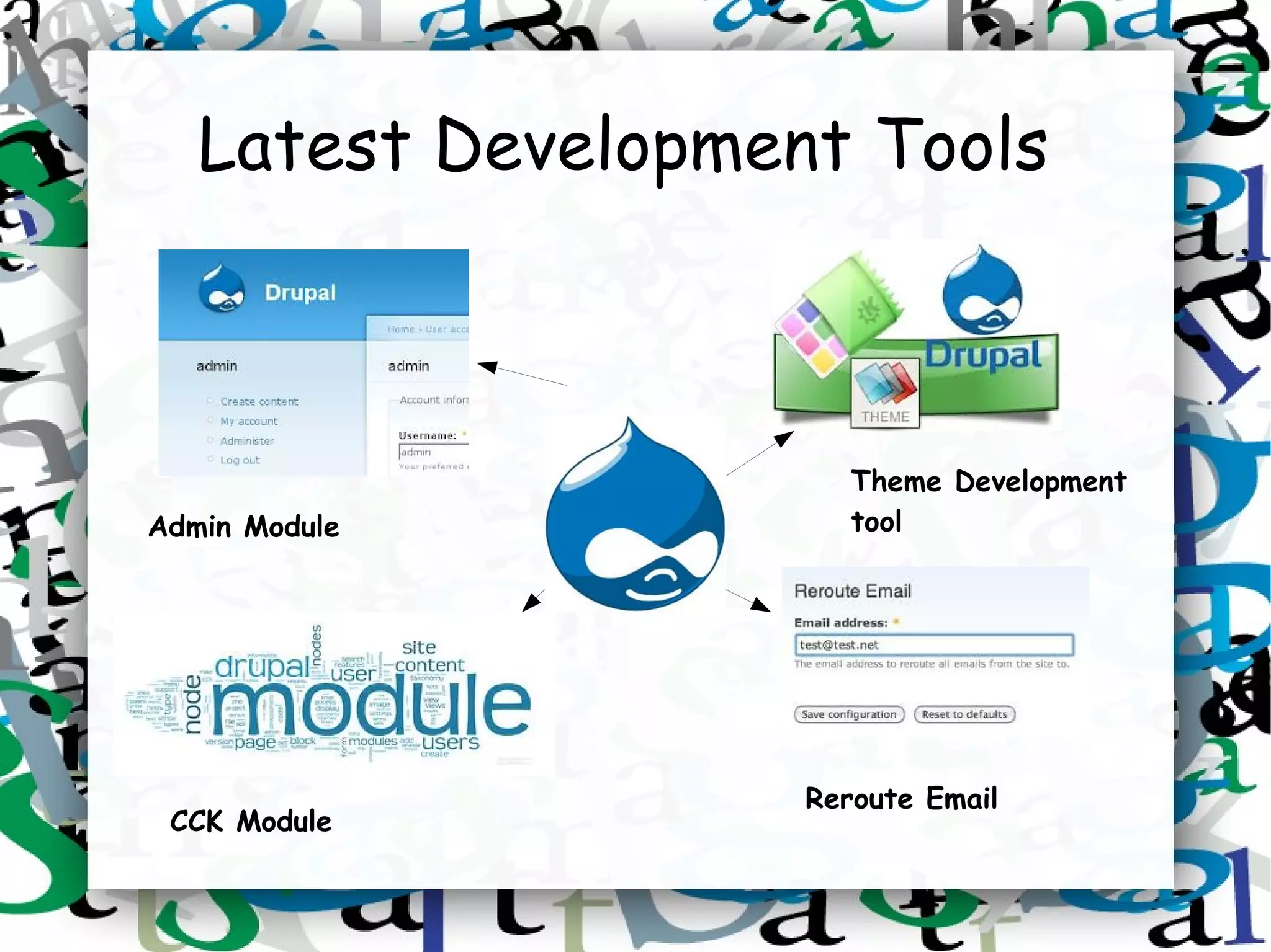 Latest Development Tools



                       Theme Development
Admin Module           tool




                    Reroute Email
 CCK Module
 