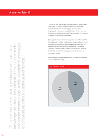 A War for Talent?



                                                                  The concept of a “War for Talent” was first posited by Steven Hankin
                                                                  of McKinsey & Company in 1997 and refers to an increasingly
                                                                  competitive landscape for recruiting and retaining talented
                                                                  employees. In a subsequent book published by Harvard Business
                                                                  Press, the authors suggest a mindset that emphasises the importance
                                                                  of talent to the success of organisations.


                                                                  Demographic trends underpin the competitiveness of the market for
                                                                  talent, particularly in the United States and Europe, as there are fewer
     workforces inherently less flexible, as depth of knowledge




                                                                  post baby-boom workers to replace baby-boomer retirement. The
     knowledge orientation has intensified this and has made
     “The evolution of work from a production orientation to a




                                                                  evolution of work from a production orientation to a knowledge
                                                                  orientation has intensified this and has made workforces inherently
                                                                  less flexible, as depth of knowledge is comparatively difficult to
                                                                  achieve and replace.
     is comparatively difficult to achieve and replace. “




                                                                  Respondents to our survey were mixed on the question of whether a
                                                                  war for talent persists today.




                                                                    War for talent exists




                                                                                                                 Yes
                                                                                                                 44%

                                                                                      No
                                                                                     56%




33
 