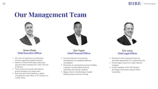 Simon Dealy
Chief Executive Officer
Eric Loree
Chief Legal Officer
Dan Teguh
Chief Financial Officer
▪ 30+ years of experience in professional
services supporting multiple industries
▪ Advisor to Fortune 500 clients; held many
executive titles including CEO, COO, CFO and
IA Director
▪ Track record of successful international
growth mandates and capital raises
▪ Built and sold Control Solutions, a global
consulting firm with offices in 35 countries, to
a public entity
▪ Practiced in the Corporate Finance &
Securities department of a national law firm
▪ Former legal counsel at a major telecom
company
▪ Former member of the TSX Venture
Exchange’s Executive Listing & Policy
Committee
▪ Formerly Director of Corporate
Development at a leading healthcare
consolidator
▪ Previously at a prominent insurance holding
company covering M&A, financial
reporting, and investor relations
▪ Began career in the Banking & Capital
Markets group at Ernst & Young
Our Management Team
21
 