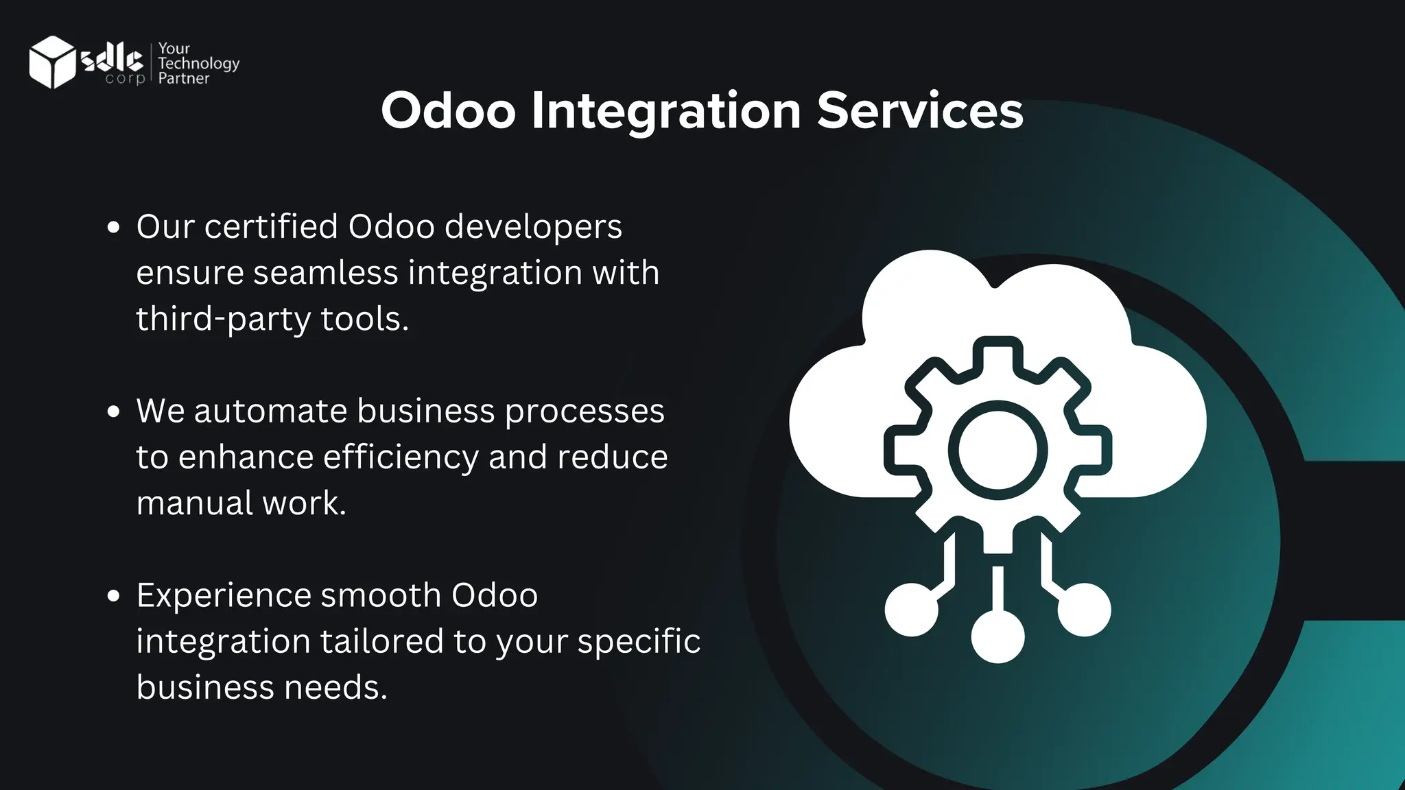 Odoo Integration Services
Our certified Odoo developers
ensure seamless integration with
third-party tools.
We automate business processes
to enhance efficiency and reduce
manual work.
Experience smooth Odoo
integration tailored to your specific
business needs.
 