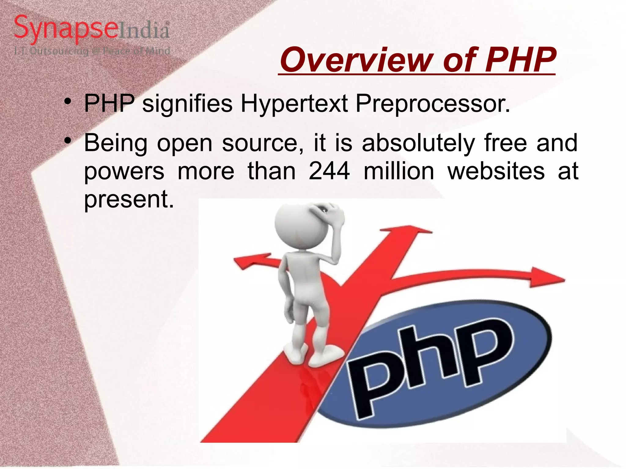 Overview of PHP  PHP signifies Hypertext Preprocessor.  Being open source, it is absolutely free and powers more than 244 million websites at present. 