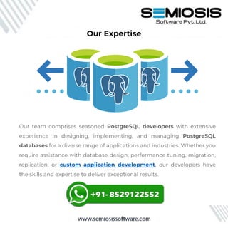 Our team comprises seasoned PostgreSQL developers with extensive
experience in designing, implementing, and managing PostgreSQL
databases for a diverse range of applications and industries. Whether you
require assistance with database design, performance tuning, migration,
replication, or custom application development, our developers have
the skills and expertise to deliver exceptional results.
Our Expertise
 