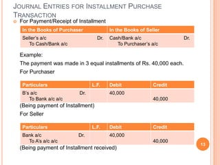  For Payment/Receipt of Installment
Example:
The payment was made in 3 equal installments of Rs. 40,000 each.
For Purchaser
(Being payment of Installment)
For Seller
(Being payment of Installment received)
13
JOURNAL ENTRIES FOR INSTALLMENT PURCHASE
TRANSACTION
In the Books of Purchaser In the Books of Seller
Seller’s a/c Dr.
To Cash/Bank a/c
Cash/Bank a/c Dr.
To Purchaser’s a/c
Particulars L.F. Debit Credit
B’s a/c Dr.
To Bank a/c a/c
40,000
40,000
Particulars L.F. Debit Credit
Bank a/c Dr.
To A’s a/c a/c
40,000
40,000
 