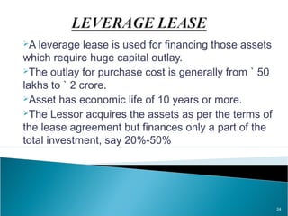 A

leverage lease is used for financing those assets
which require huge capital outlay.
The outlay for purchase cost is generally from ` 50
lakhs to ` 2 crore.
Asset has economic life of 10 years or more.
The Lessor acquires the assets as per the terms of
the lease agreement but finances only a part of the
total investment, say 20%-50%

24

 