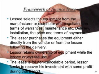 Lessee selects the equipment from the
manufacturer or distributor and negotiates the
terms of warranties, maintenance etc. Delivery,
installation, the price and terms of payments.
 The lessor purchases the equipment either
directly from the vendor or from the lessee
following the delivery.
 Lessor retains ownership of equipment while the
lessee enjoys the use.
 The lease is for non-cancelable period, lessor
seeks to recover his investment with some profit
during that period.


28

 