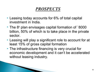 Leasing today accounts for 6% of total capital
investment in India.
 The 8th plan envisages capital formation of `8000
billion, 50% of which is to take place in the private
sector.
 Leasing will play a significant role to account for at
least 15% of gross capital formation
 The infrastructure financing is very crucial for
economic development and it can’t be accelerated
without leasing industry.


65

 