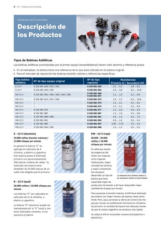 2 – 14 | Sistemas de Encendido
Tipos de Bobinas Asfálticas
Las bobinas asfálticas suministradas por el primer equipo (ensambladoras) tienen color aluminio y referencia propia.
EE En el reemplazo, la bobina tiene una referencia de lo que está indicado en la bobina original.
EE Para el mercado de reposición las bobinas tendrán colores y referencias específicas.
KW - 12 V (roja)
28.000 - 34.000
voltios / 18.000
chispas por minuto
En vehículos donde
las exigencias del
motor son mayores,
como mayores
revoluciones, mayor
cantidad de cilindros
y mayor compresión,
fue necesario
desarrollar un tipo de
bobina que tiene
capacidad mayor de
producción de tensión y de hacer disponible mayor
cantidad de chispas por minuto.
Para aumentar la tensión máxima, la KW tiene bobinado
secundario con mayor número de espiras, hasta cierto
límite. Pero, para aumentar la oferta de número de chis-
pas por minuto, la modificación fue hecha en el bobina-
do primario: la cantidad de espiras fue reducida, hacien-
do que el campo magnético se produzca más rápido.
Se utiliza la KW en encendido convencional (platino) o
electrónico.
K - 12 V (azul)
26.000 voltios / 16.000 chispas por
minuto
Las bobinas “K” son aplicadas en
vehículos de 4 y 6 cilindros, a
platino y a gasolina.
La bobina “E” (aluminio) puede ser
reemplazada por la “K” (azul) y, por
tener bobinados similares, no se
quemará el platino.
E - 12 V (aluminio)
24.000 voltios (tensión máxima) /
13.000 chispas por minuto
En general la bobina “E” es
aplicada en vehículos de 4
cilindros, a platino y a gasolina.
Esta bobina posee el bobinado
primario con aproximadamente
350 espiras (vueltas de cable). Su
bobinado secundario tiene
alrededor de 20.000 espiras de un
cable más delgado que el primario.
Tipo bobina
asfáltica
Nº de tipo equipo original
Nº de tipo
repuesto
Resistencias
Primario Ω Secundario KΩ
E 12 V 9 220 081 038 / 050 / 062 9 220 081 039 	 3,1 ... 4,2 	 4,8 ... 8,2
K 12 V 9 220 081 049 / 026 9 220 081 054 	 2,9 ... 3,8 	 6,5 ... 10,8
KW 12 V 9 220 081 056 / 060 / 063 / 064 / 065
9 220 081 068
9 220 081 067
	 1,2 ... 1,6 	 5,2 ... 8,8
KW 12 V 9 220 081 024 / 047 / 059 9 220 081 072 	 1,6 ... 2,2 	 6,5 ... 10,8
KW 12 V – 9 220 081 073 	 1,4 ... 2,1 	 4,5 ... 8,5
KW 12 V – 9 220 081 074 	 1,4 ... 2,1 	 4,5 ... 8,5
KW 12 V 9 220 081 076 9 220 081 077 	 1,5 ... 2,0 	 4,8 ... 8,2
KW 12 V 9 220 081 085 9 220 081 087 	 1,2 ... 1,6 	 5,2 ... 8,8
KW 12 V 9 220 081 088 / 089 9 220 081 091 	 0,9 ... 1,5 	 4,5 ... 7,0
KW 12 V 9 220 081 092 9 220 081 093 	 0,9 ... 1,5 	 3,0 ... 6,2
KW 12 V 9 220 081 086 9 220 081 097 	 0,65 ... 0,75 	 3,5 ... 4,5
KW 12 V 9 220 081 094 / 095 9 220 081 098 	 1,0 ... 1,2 	 5,0 ... 6,2
Sistemas de Encendido
Descripción de
los Productos
La etiqueta de la bobina indica si
es necesario utilizar el prerresistor
 