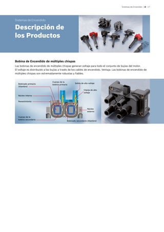 Sistemas de Encendido | 2 – 17
Bobina de Encendido de múltiples chispas
Las bobinas de encendido de múltiples chispas generan voltaje para todo el conjunto de bujías del motor.
El voltaje es distribuido a las bujías a través de los cables de encendido. Ventaja: Las bobinas de encendido de
múltiples chispas son extremadamente robustas y fiables.
Núcleo
externo
Clavija de alto
voltaje
Bobinado primario
(Alambre)
Núcleo interno
Revestimiento
Cuerpo de la
bobina primaria
Bobinado secundario (Alambre)
Cuerpo de la
bobina secundaria
Salida de alto voltaje
Sistemas de Encendido
Descripción de
los Productos
 
