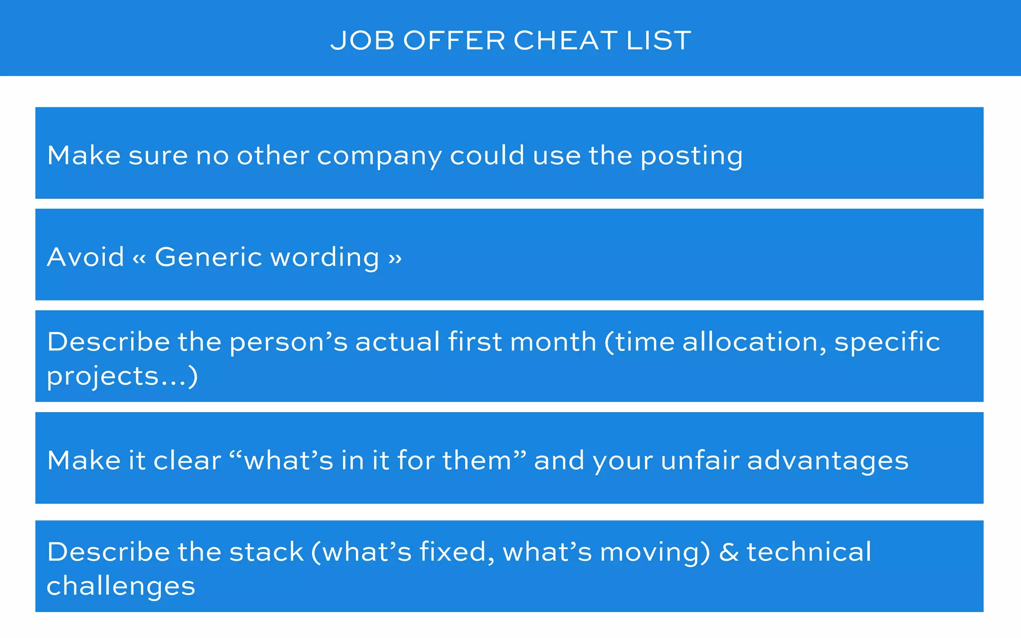 JOB OFFER CHEAT LIST
Avoid « Generic wording »
Make sure no other company could use the posting
Describe the person’s actual ﬁrst month (time allocation, speciﬁc
projects…)
Make it clear “what’s in it for them” and your unfair advantages
Describe the stack (what’s ﬁxed, what’s moving) & technical
challenges
 