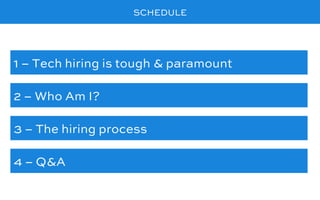 SCHEDULE
1 – Tech hiring is tough & paramount
2 – Who Am I?
4 – Q&A
3 – The hiring process
 