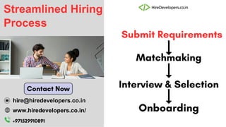 Matchmaking
Interview & Selection
Contact Now
Streamlined Hiring
Process
Submit Requirements
Onboarding
hire@hiredevelopers.co.in
www.hiredevelopers.co.in/
+971529910891
 