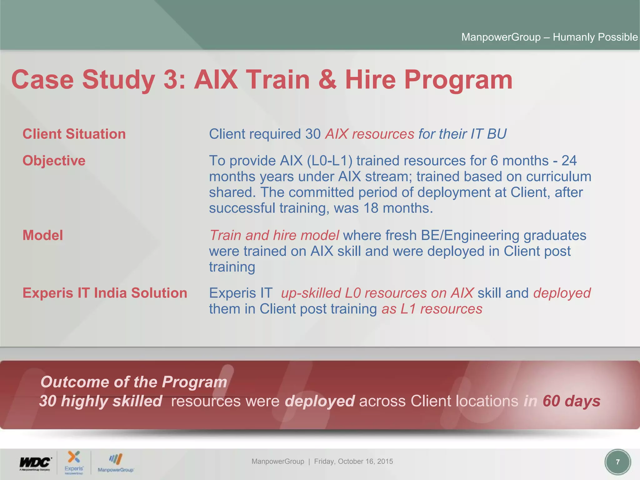 ManpowerGroup | Friday, October 16, 2015 7
ManpowerGroup – Humanly Possible
Case Study 3: AIX Train & Hire Program
Outcome of the Program
30 highly skilled resources were deployed across Client locations in 60 days
Client Situation Client required 30 AIX resources for their IT BU
Objective To provide AIX (L0-L1) trained resources for 6 months - 24
months years under AIX stream; trained based on curriculum
shared. The committed period of deployment at Client, after
successful training, was 18 months.
Model Train and hire model where fresh BE/Engineering graduates
were trained on AIX skill and were deployed in Client post
training
Experis IT India Solution Experis IT up-skilled L0 resources on AIX skill and deployed
them in Client post training as L1 resources
 