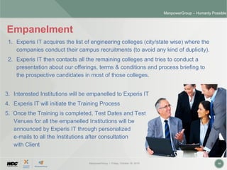 ManpowerGroup | Friday, October 16, 2015 15
ManpowerGroup – Humanly Possible
Empanelment
3. Interested Institutions will be empanelled to Experis IT
4. Experis IT will initiate the Training Process
5. Once the Training is completed, Test Dates and Test
Venues for all the empanelled Institutions will be
announced by Experis IT through personalized
e-mails to all the Institutions after consultation
with Client
1. Experis IT acquires the list of engineering colleges (city/state wise) where the
companies conduct their campus recruitments (to avoid any kind of duplicity).
2. Experis IT then contacts all the remaining colleges and tries to conduct a
presentation about our offerings, terms & conditions and process briefing to
the prospective candidates in most of those colleges.
 