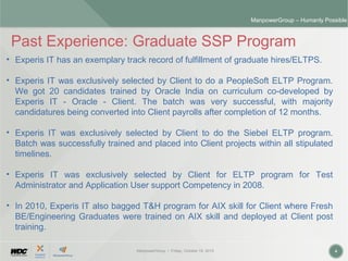 ManpowerGroup | Friday, October 16, 2015 4
ManpowerGroup – Humanly Possible
Past Experience: Graduate SSP Program
• Experis IT has an exemplary track record of fulfillment of graduate hires/ELTPS.
• Experis IT was exclusively selected by Client to do a PeopleSoft ELTP Program.
We got 20 candidates trained by Oracle India on curriculum co-developed by
Experis IT - Oracle - Client. The batch was very successful, with majority
candidatures being converted into Client payrolls after completion of 12 months.
• Experis IT was exclusively selected by Client to do the Siebel ELTP program.
Batch was successfully trained and placed into Client projects within all stipulated
timelines.
• Experis IT was exclusively selected by Client for ELTP program for Test
Administrator and Application User support Competency in 2008.
• In 2010, Experis IT also bagged T&H program for AIX skill for Client where Fresh
BE/Engineering Graduates were trained on AIX skill and deployed at Client post
training.
 