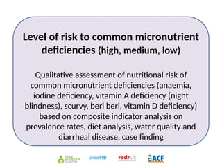 Level of risk to common micronutrient
deficiencies (high, medium, low)
Qualitative assessment of nutritional risk of
common micronutrient deficiencies (anaemia,
iodine deficiency, vitamin A deficiency (night
blindness), scurvy, beri beri, vitamin D deficiency)
based on composite indicator analysis on
prevalence rates, diet analysis, water quality and
diarrheal disease, case finding
 