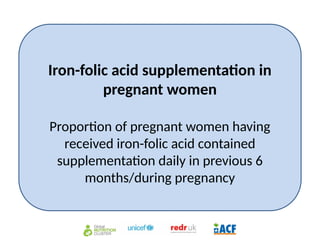 Iron-folic acid supplementation in
pregnant women
Proportion of pregnant women having
received iron-folic acid contained
supplementation daily in previous 6
months/during pregnancy
 