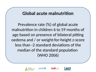 Global acute malnutrition
Prevalence rate (%) of global acute
malnutrition in children 6 to 59 months of
age based on presence of bilateral pitting
oedema and / or weight-for-height z-score
less than -2 standard deviations of the
median of the standard population
(WHO 2006)
 