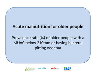 Acute malnutrition for older people
Prevalence rate (%) of older people with a
MUAC below 210mm or having bilateral
pitting oedema
 