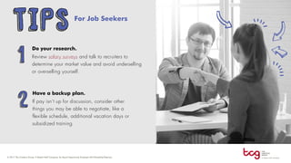 For Job Seekers
Do your research.
Review salary surveys and talk to recruiters to
determine your market value and avoid underselling
or overselling yourself.
Have a backup plan.
If pay isn’t up for discussion, consider other
things you may be able to negotiate, like a
flexible schedule, additional vacation days or
subsidized training.
TIPS
1
2
 