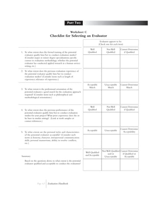 PART TWO

                                                    Worksheet C
                              Checklist for Selecting an Evaluator
                                                                                  Evaluator appears to be:
                                                                                 (Check one for each item)

                                                                      Well               Not Well      Cannot Determine
1. To what extent does the formal training of the potential          Qualified           Qualified        if Qualified
   evaluator qualify him/her to conduct evaluation studies?
   (Consider major or minor degree specializations; specific
   courses in evaluation methodology; whether the potential
   evaluator has conducted applied research in a human service
   setting, etc.)

2. To what extent does the previous evaluation experience of
   the potential evaluator qualify him/her to conduct
   evaluation studies? (Consider items such as length of
   experience; relevance of experience.)

                                                                    Acceptable         Unacceptable    Cannot Determine
                                                                     Match               Match              Match
3. To what extent is the professional orientation of the
   potential evaluator a good match for the evaluation approach
   required? (Consider items such as philosophical and
   methodological orientations.)



                                                                      Well               Not Well      Cannot Determine
4. To what extent does the previous performance of the               Qualified           Qualified        if Qualified
   potential evaluator qualify him/her to conduct evaluation
   studies for your project? What prior experience does she or
   he have in similar settings? (Look at work samples or
   contact references.)


                                                                                                       Cannot Determine
                                                                    Acceptable         Unacceptable
5. To what extent are the personal styles and characteristics                                            Acceptability
   of the potential evaluator acceptable? (Consider such
   items as honesty, character, interpersonal communication
   skills, personal mannerisms, ability to resolve conflicts,
   etc.)


                                                                                    Not Well Qualified Cannot Determine
                                                                   Well Qualified
                                                                                         and/or          if Qualified or
Summary                                                            and Acceptable
                                                                                      Unacceptable          Acceptable
   Based on the questions above, to what extent is the potential
   evaluator qualified and acceptable to conduct the evaluation?




                Page 63     Evaluation Handbook
 